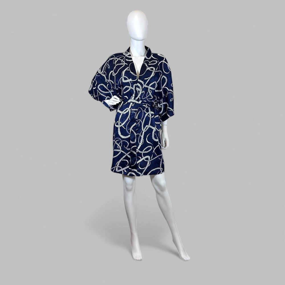 Vintage Val Mode Lifestyle Nautical Rope Print Robe USA Kimono Wrap Coastal‎
